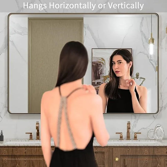 LOAAO 48”X32” Bronze Bathroom Mirrors for Vanity, Rounded Rectangle Brushed Bronze Metal Frame Mirror, Anti-Rust, Tempered Glass, Hangs Horizontally or Vertically - ModernBath