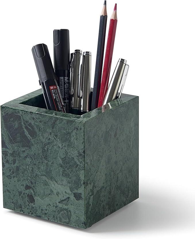 Real Natural Marble Toothbrush Holder & Pen Holder & Makeup Brush Holder, Genuine Stone Rectangular Bathroom Tumbler Cup, Durable Office & Home Countertop Organizer - ModernBath
