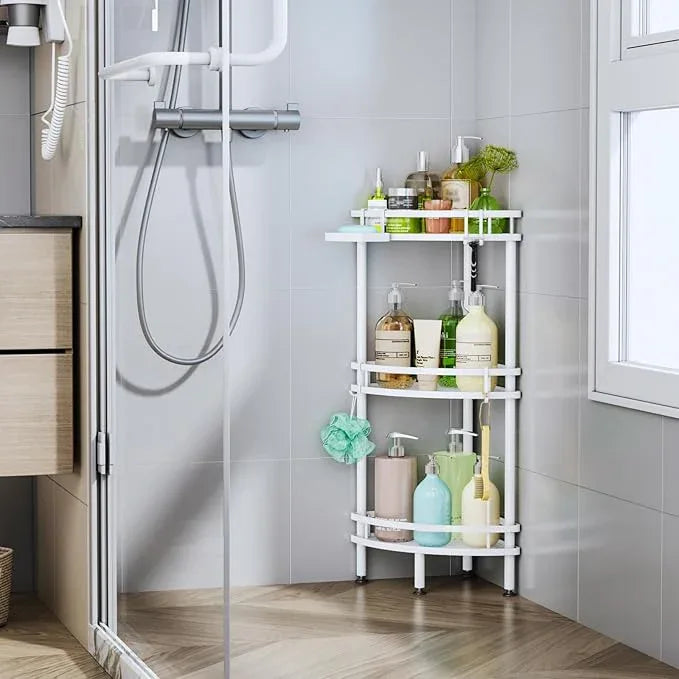 HapiRm Standing Corner Shower Caddy - 3 Tier Shower Organizer Corner with Soap Holder and 4 Hooks, Rustproof Bathroom Storage Shelves with Adhesives, White - ModernBath