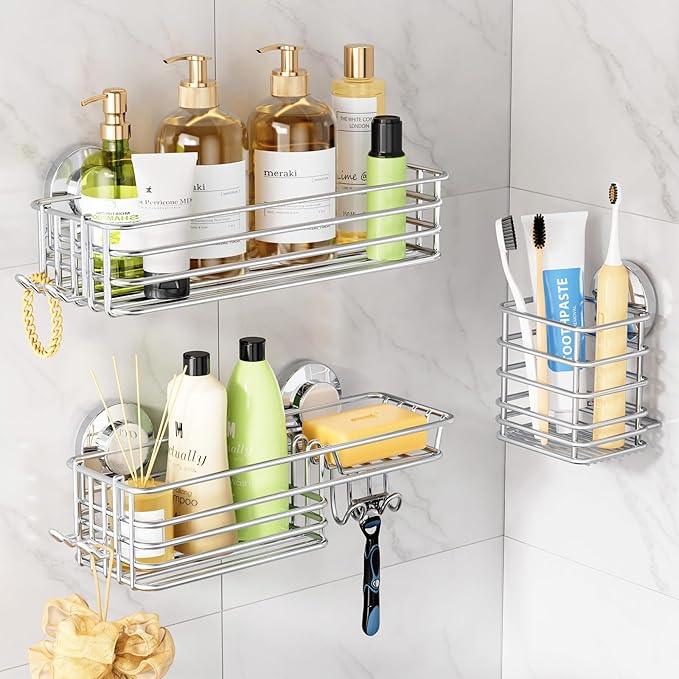 LEVERLOC Shower Caddy Suction Cup, 3 Pack Heavy Duty Bathroom Organizer For Inside Shower With Hooks & Soap Holder, Removable Bathroom Organizer, Rustproof Silver Holder Storage Storage,Silver - ModernBath