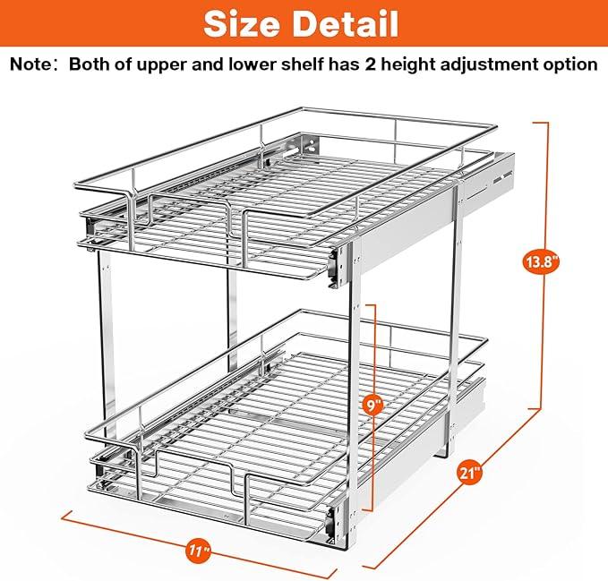 ROOMTEC Individual Pull Out Cabinet Organizer (11" W x 21" D), 2 Tier Spice Rack Organizer for Cabinet, Slide Out Drawer Pantry Shelf Organization and Storage for Kitchen Bathroom - ModernBath