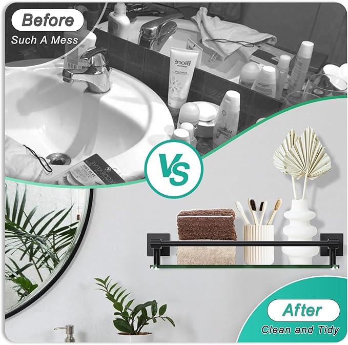 Glass Shelf 16IN for Bathroom Black Rectangular Stainless Steel Tempered Glass Modern Wall Mount Shelf Sink Over Toilet Bathroom Organizer (Matte Black, 16‘’) - ModernBath