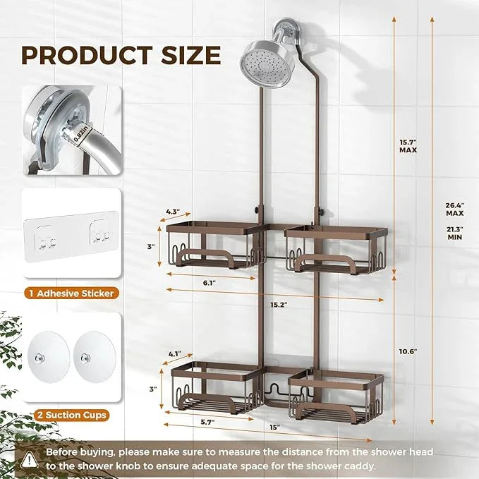 REINHARDT Shower Caddy Hanging for Handheld Showerheads Adjustable Split Shower Caddy, Rustproof Shower Organizer with Hooks for Razor Over the Head Caddy with Soap Holder Bathroom Accessories, Bronze - ModernBath