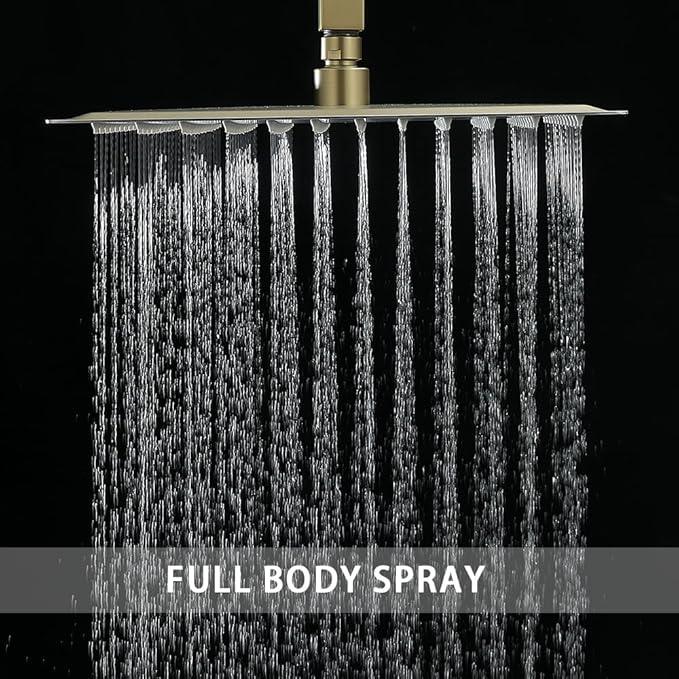 Heable ‎Brushed Gold Shower System Bathroom 12 Inch Rain Shower Head Ceiling Mount with Handheld Luxury High Pressure Shower Combo Set Shower Faucet Rough-in Valve Body and Trim Kit - ModernBath