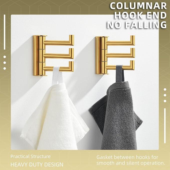 Angle Simple Towel Hooks Swivel, 304 Stainless Steel 3 Arms Foldable Hand Towel Holder, Coat Hooks, Brushed Dark Gold, 2 Pack - ModernBath