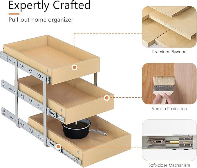 WelFurGeer 3-Tier Pull Out Cabinet Organizer with Soft Close, Heavy-Duty Slide Out Drawers for Cabinets, Pull Out Drawers for Cabinets, Bottom Mount Shelves for Kitchen, Pantry, Bathroom - ModernBath