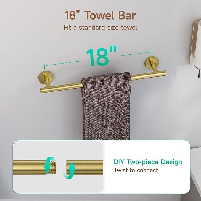 USHOWER Brushed Gold Bathroom Accessories Set, 18-Inch Towel Bar Set Wall Mounted, Durable SUS304 Stainless Steel Bathroom Hardware Set, 4-Piece - ModernBath
