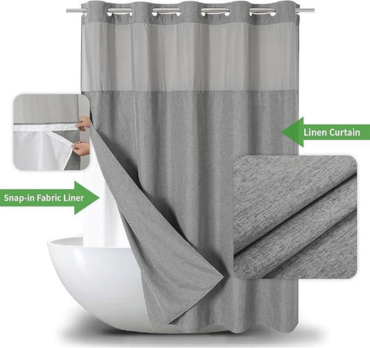 eachope No Hooks Needed Linen Textured Shower Curtain with Snap-in Fabric Liner Set,Grey Hotel Luxury Decor Shower Curtains for Bathroom,Waterproof & Washable,71Wx77H - ModernBath