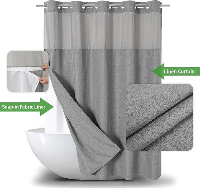 eachope Long No Hooks Needed Linen Textured Shower Curtain with Snap-in Fabric Liner Set,Grey Hotel Luxury Decor Shower Curtains for Bathroom,Waterproof & Washable,71Wx80H - ModernBath