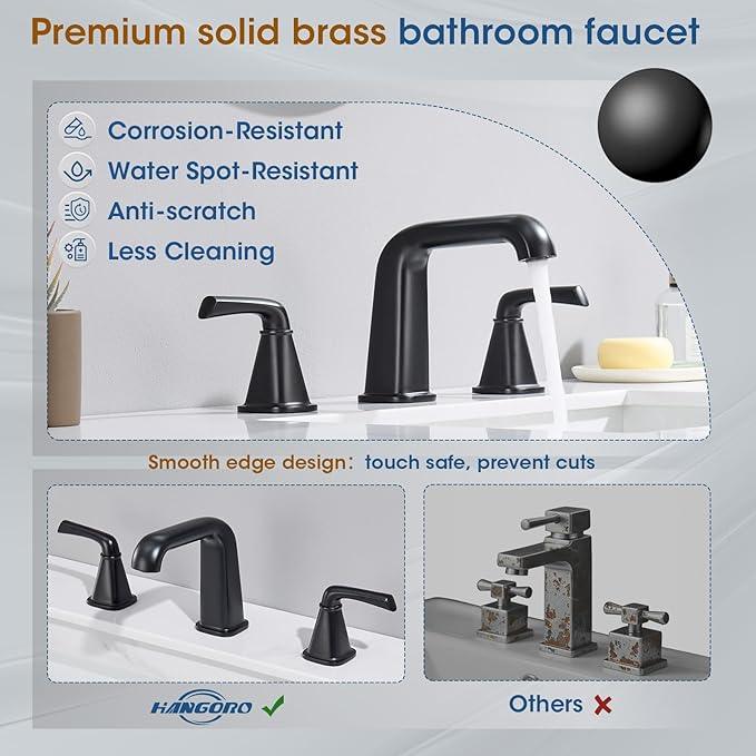 Widespread Bathroom Sink Faucet, Matte Black Bathroom Faucet 3 Hole，Brass Vanity Faucet with Pop Up Drain and 2 Supply Lines - ModernBath