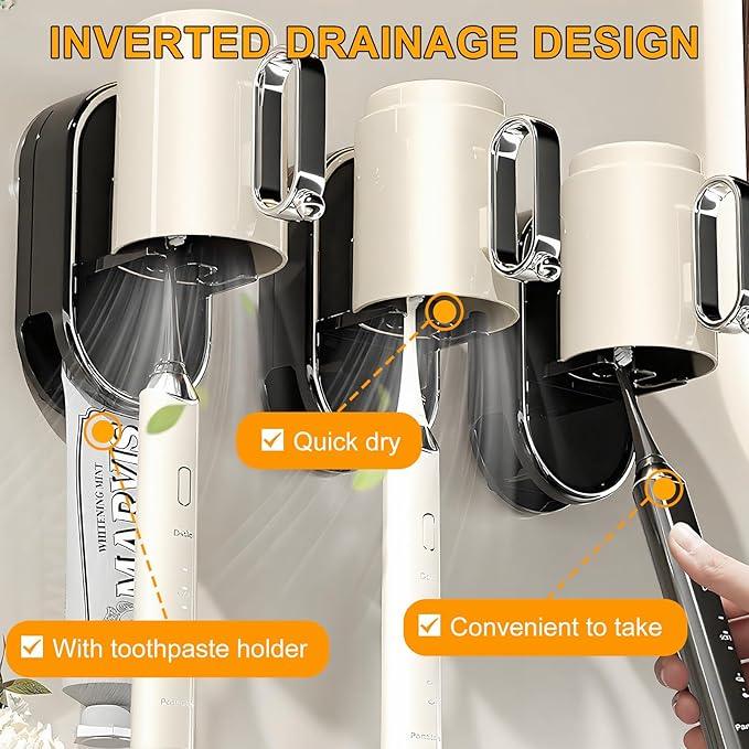 Botsparty Toothbrush Holder Wall Mounted with Toothpaste Holder & Detachable Cup - Removable Suction Cup in Bathroom Sink, Shower - Space Saving, Ventilation Design for Family, Renters - ModernBath