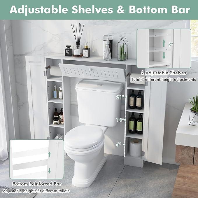 Tangkula Over The Toilet Storage Cabinet, Bathroom Space Saver Organizer with 2 Side Doors, Adjustable Shelves, Paper Holder, Freestanding Bathroom Cabinet Over Toilet for Small Space, Restroom, White - ModernBath