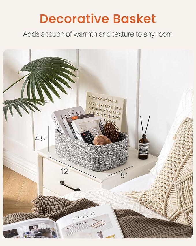 Small Woven Basket, 12 x 8 x 4.5 Inches, Storage Basket for Organizing, Cute Small Rope Shelf Closet Cube Storage Bins Baskets for Shelves, Dog Toy Gift Baskets Empty, 3 Packs, Mixed Grey - ModernBath