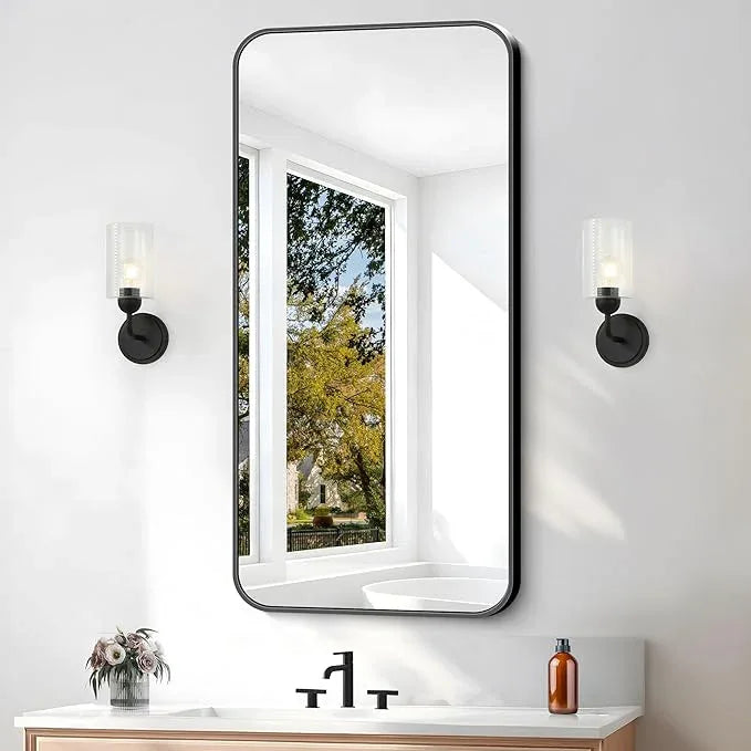BONEWEI 20x40 inch Bathroom Mirror,Black Rectangle Mirror,Wall Mounted Bathroom Frame Vanity Mirror with Round Corner for Bedroom Living Room,Entryway Hangs Horizontal or Vertical - ModernBath