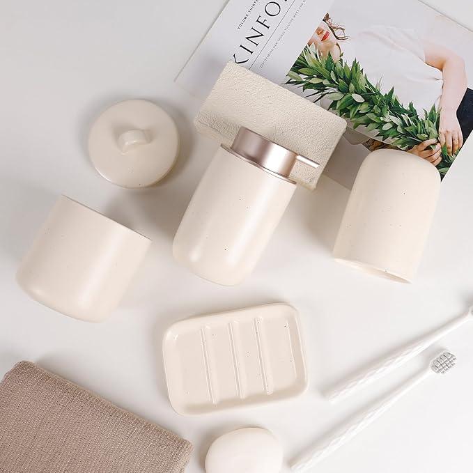 BosilunLife Ceramic Bathroom Accessories Sets Complete Bathroom soap Dispenser and Toothbrush Holder Set (Apricot-Liquid) - ModernBath