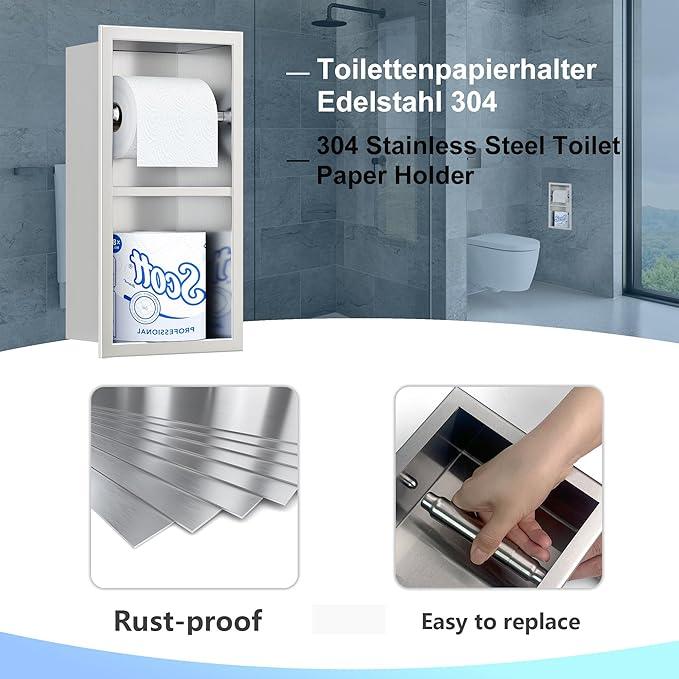 Neodrain Brushed Toilet Paper Holder, Contemporary Hotel Style Pivoting in Wall Tissue Holder, Stainless Steel Recessed Tissue Paper Roll Holder, Dual roll(Brushed Nickel) - ModernBath