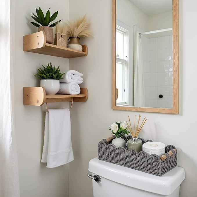 CubesLand Scalloped Edge Toilet Paper Storage Basket, Living Room Home Cozy Decor Basket, Paper Rope Small Baskets for Over Toilet Storage Shelf, End Table, Shelves, with 2 Wooden Handles, Grey - ModernBath