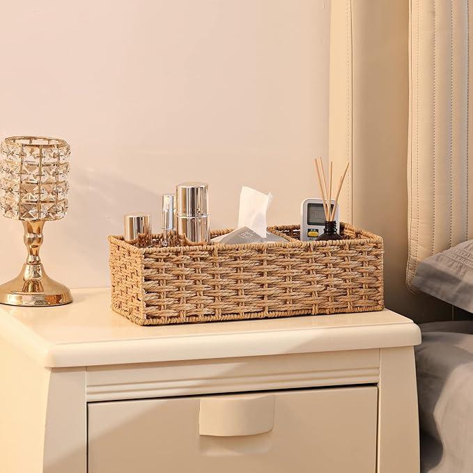 Vagusicc 3-Section Wicker Baskets for Shelves, Hand-Woven Round Paper Rope Wicker Storage Basket, Toilet Paper Basket for Toilet Tank Top, Baskets for Organizing, 2-Pack - ModernBath