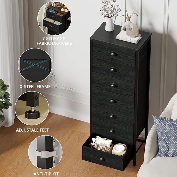 Furnulem Bedroom Dresser, Tall Chests of Drawers with 7 Fabric Bins, Black Organizer in Closet, Dorm, Living Room, Nursery, Hallyway-Storage Tower Unit, Sturdy Steel Frame - ModernBath