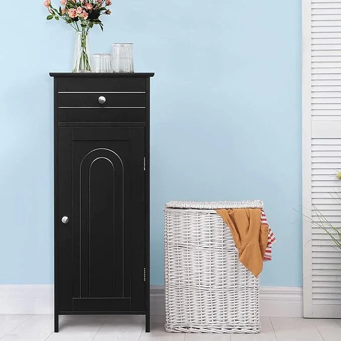 HAPPYGRILL Bathroom Floor Cabinet, Single Door Floor Storage Cabinet Organizer with Drawer and 3-Level Adjustable Shelves, Bathroom Cabinets Freestanding with Anti-Tipping Device for Living Room - ModernBath