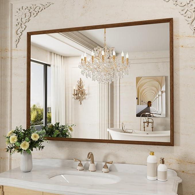 WEER Bathroom Mirror, 48x36 Inch Wall Mirror, Walnut Wood Grain Framed Mirror, Rectangle Vanity Mirror, Tempered Glass, Anti-Rust, Hangs Horizontally or Vertically - ModernBath