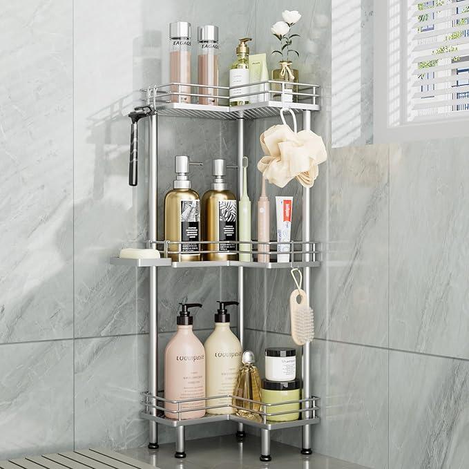 Consumest Corner Shower Caddy Standing - 3-Tier Stainless Steel Shower Organizer with Soap Holder and 4 Hooks, Large Capacity Corner Shelf Stand for Bathroom, Rest Room, Silver - ModernBath