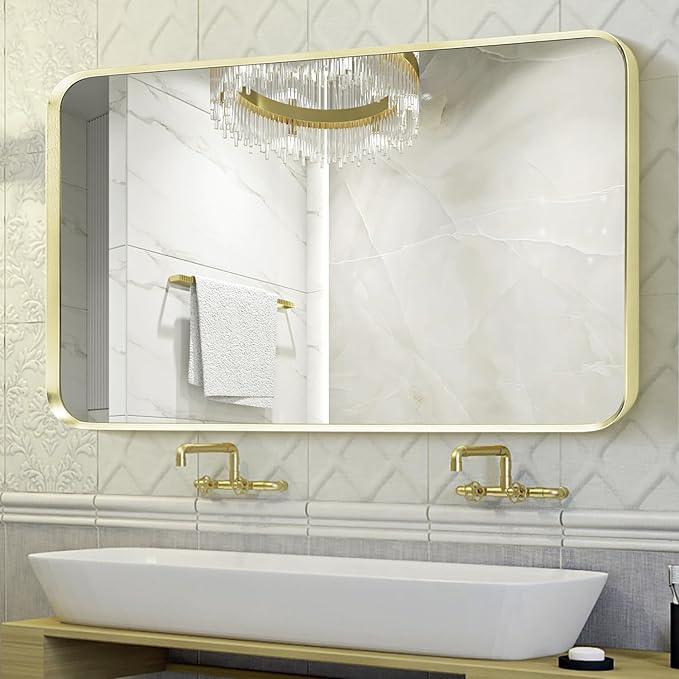 Minuover Large Gold Bathroom Mirror, Rounded Corner Rectangular Brushed Gold Frame Vanity Mirror, Wall-Mounted, Anti-Rust, Tempered Glass, Hangs Horizontally or Vertically (30" x 48", Gold) - ModernBath