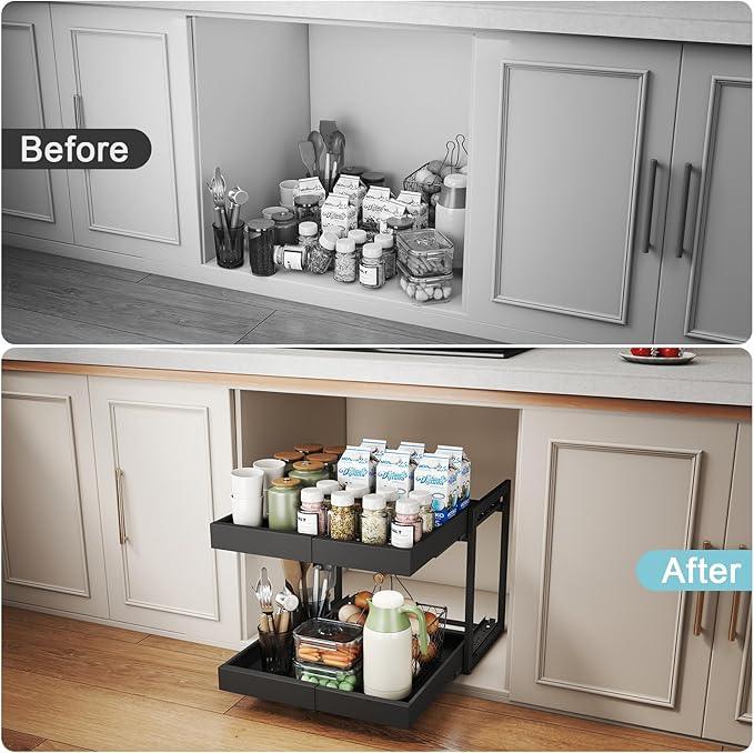 Golener 2-Tier Expandable Pull Out Cabinet Organizer - Pull-Out Drawers for Kitchen Cabinets, 2 Slide Home Storage Organizers, Slide Out Shelves for Base Cabinet Organization in Kitchen, Black Metal - ModernBath