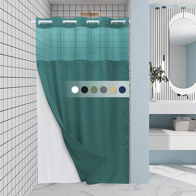 EUTXL Seaweed Green Stall No Hook Shower Curtain with Snap in Liner,230GSM Waffle Weave Shower Curtains for Bathroom,54W x 80H - ModernBath