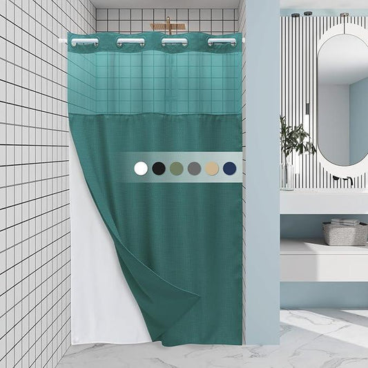 EUTXL Seaweed Green Stall No Hook Shower Curtain with Snap in Liner,230GSM Waffle Weave Shower Curtains for Bathroom,54W x 80H - ModernBath