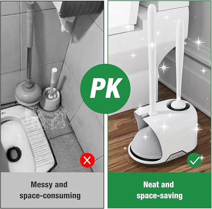 Lefree, 2 in 1 Toilet Brush and Plunger Set with Silicone Bristles, Plastic Material, Includes Holder, White/Black, for Deep Cleaning - ModernBath