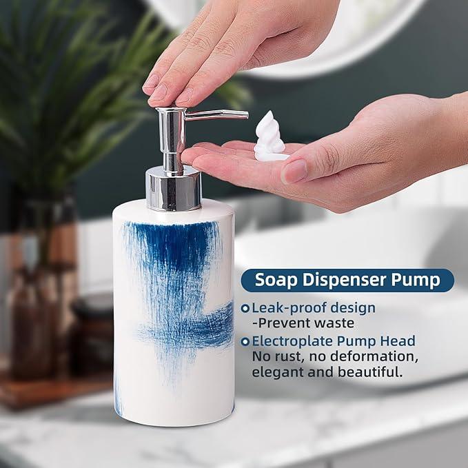 4 Piece Painted Ceramic Bathroom Accessory Set, Includes Soap Dispenser Pump, Toothbrush Holder, Tumbler, Soap Dish Sanitary, Ideas Home Gift for Ware Home Decor Bath(Blue & White) - ModernBath