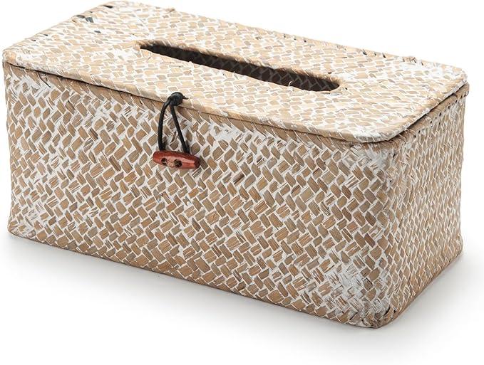 Seagrass Tissue Box Cover Rectangular Woven Napkin Holder Decorative for Bathroom Farmhouse (Whitewash, 10 x 5.5 x 4.2 Inch) - ModernBath