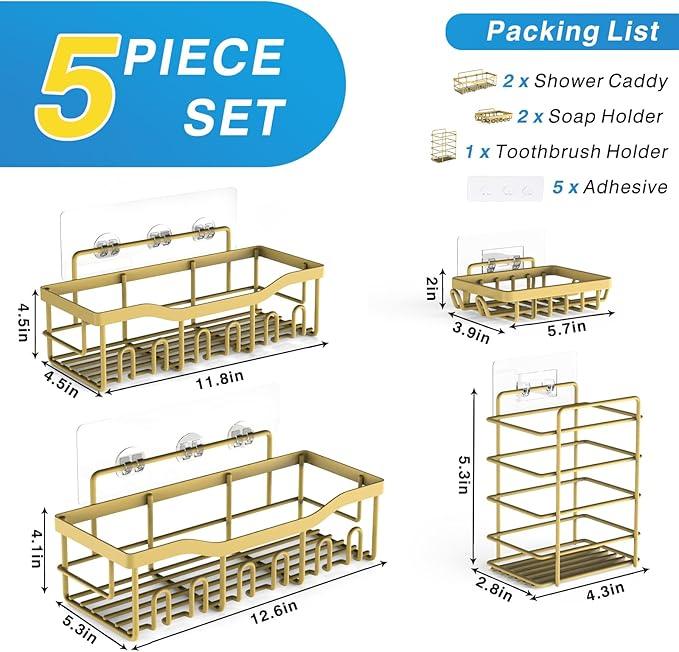 EUDELE 5-Pack Rustproof Stainless Steel Shower Caddy – No Drill Adhesive Bathroom Organizer with Large Capacity, Spacious Shower Shelves for Inside Shower, Kitchen & Home Decor Storage-XL Size - ModernBath
