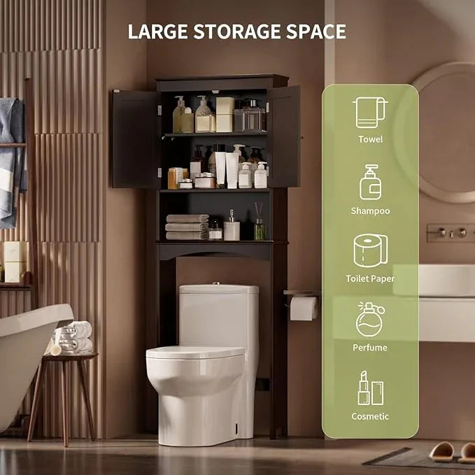Gizoon Over The Toilet Storage Cabinet with Adjustable Shelf and Double Doors, Bathroom Space Saver Organizer Above Toilet with Open Shelf, Taller Wooden Free Standing Toilet Rack -Espresso - ModernBath