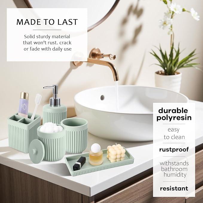XLHOMO 8-Piece Light Green Bathroom Set - Resin Bathroom Accessories Sets Complete with Shower Curtain and Rugs, Soap Dispenser, Toothbrush Holder, Tumbler & Vanity Organizer - ModernBath