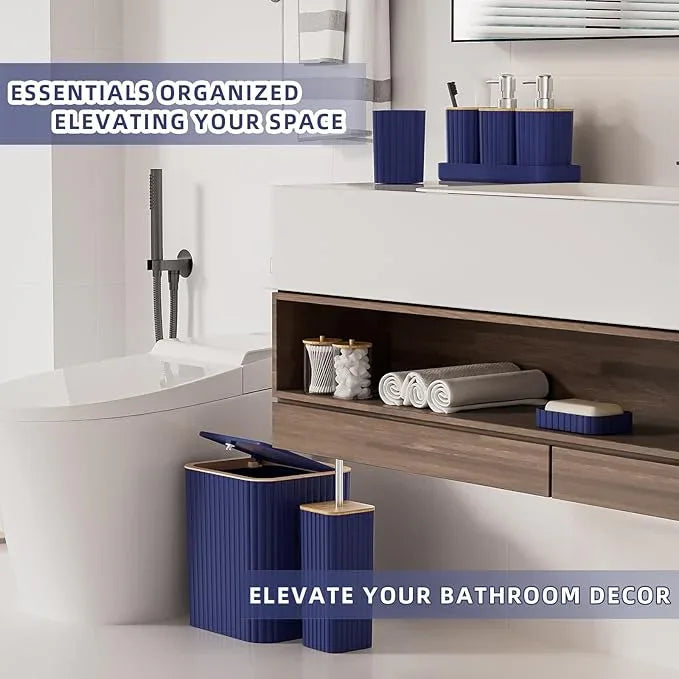 XLHOMO Bathroom Accessories Set - Elegant Blue Bathroom Set, 10PC Bathroom Accessory Set, Toilet Brush, Trash Can, Qtip Holder Dispenser & Soap Dispenser - ModernBath