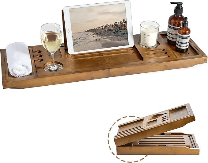 Realgulf Bamboo Bathtub Tray Caddy - Splash-Proof Adjustable (28.5-40") with Wine Holder, Tablet Stand & Non-Slip Grip | Spa-Grade Organizer for Bath Essentials & Reading- Walnut - ModernBath