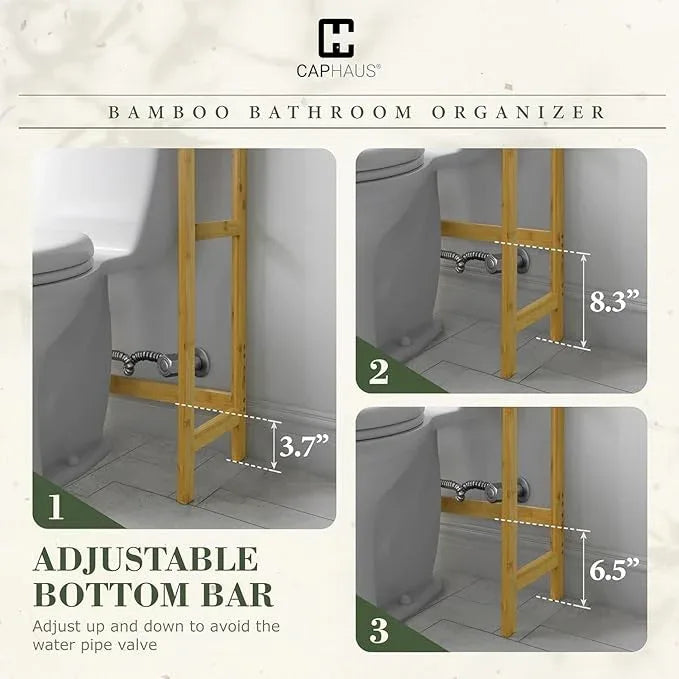 CAPHAUS Over The Toilet Storage Shelf,3-Tier Over-The-Toilet Shelf Rack with Adjustable Feet & Hooks, Freestanding Bamboo Toilet Shelf, Bathroom & Laundry Organizer, Balcony Plant Stand, Black - ModernBath