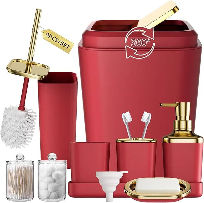 XLHOMO Dark Red Bathroom Accessory Set, 9-Piece Burgundy Bathroom Set with Trash Can, Toothbrush Holder, Toothbrush Cup,Soap Dispenser,Soap Dish,Toilet Brush Holder,2 Qtip Holder Dispensers and Tray - ModernBath