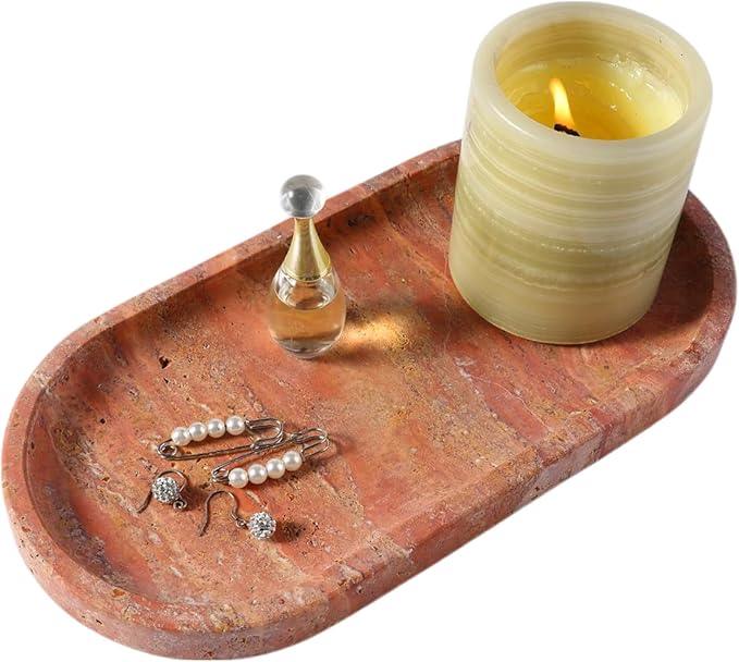 Koville Turkish Red Travertine Tray, 10" x 5" Vanity Decorative Marble Tray for Bathroom, Home Décor Trays for Countertop Organizer, Catchall Trays for Perfume, Candles, Jewelry - ModernBath