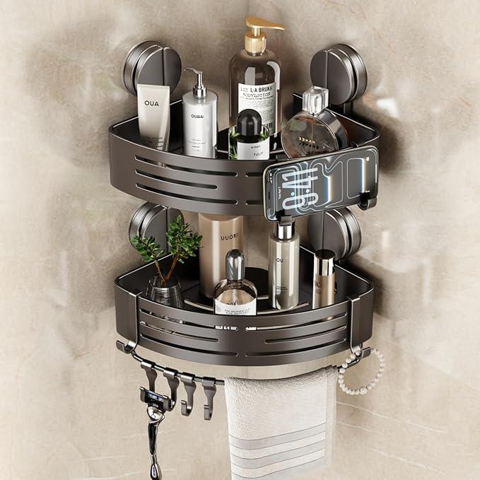 VOLPONE Corner Shower Caddy Suction Cup Shower Shelf Corner No Drilling Bathroom Shower Organizer Storage Rack Adhesive with Towel Bar Hooks(2-Pack, Gray) - ModernBath