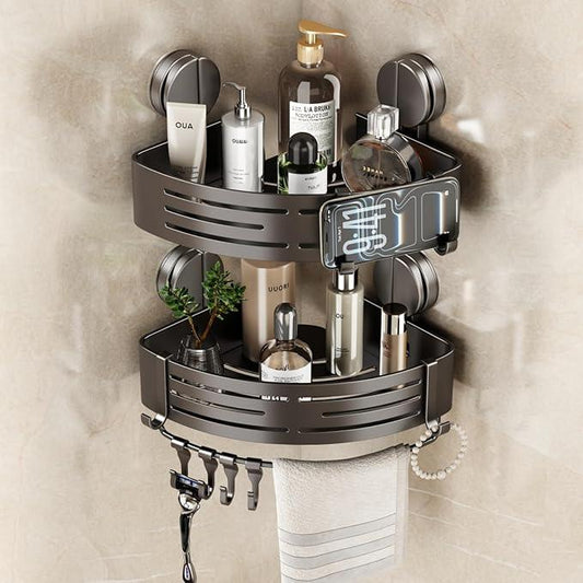 VOLPONE Corner Shower Caddy Suction Cup Shower Shelf Corner No Drilling Bathroom Shower Organizer Storage Rack Adhesive with Towel Bar Hooks(2-Pack, Gray) - ModernBath