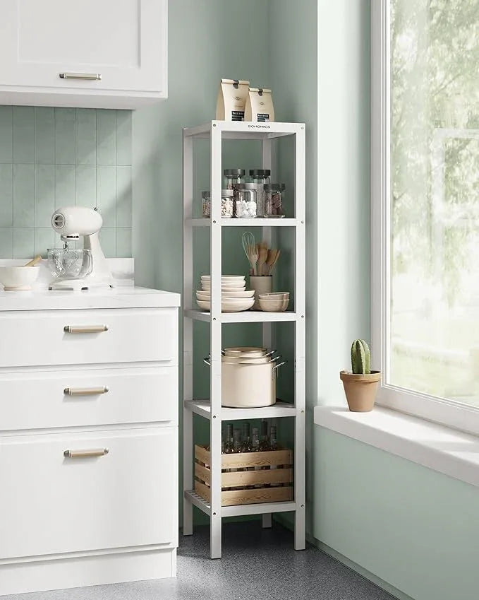SONGMICS Bamboo Storage Shelf, 5-Tier Shelving Unit, Multifunctional, in The Entryway, Bathroom, Living Room, Balcony, Kitchen, 13 x 13 x 57.5 Inches, Cloud White UBCB055W01 - ModernBath