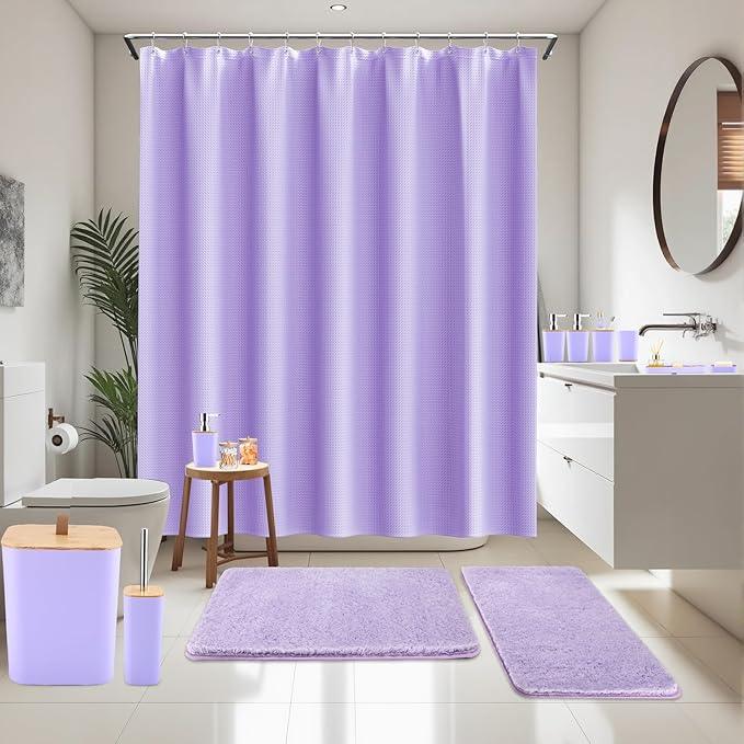 XLHOMO Bathroom Sets with Shower Curtain and Rugs, 27PCS Purple Bathroom Accessories Set with Trash Can, Purple Shower Curtain Set, No Slip Super Absorbent Bathroom Rugs - ModernBath