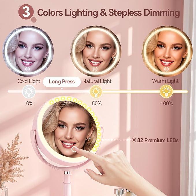 Shinowa Makeup Mirror with Lights, 1X/20X Lighted Magnifying Mirror with Storage for Makeup & Jewelry, 2-Sided Height Adjustable Vanity Mirror with 3 Color Lights, 360° Rotation & Rechargeable, Pink - ModernBath