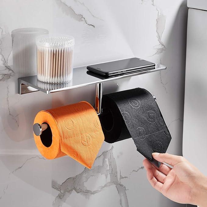 Double Toilet Roll Paper Holder Bathroom Solid Brass and Superior Hotel Style Wall Mount Tissue Roll Holder with Storage Shelf Bright Chrome Finished - ModernBath