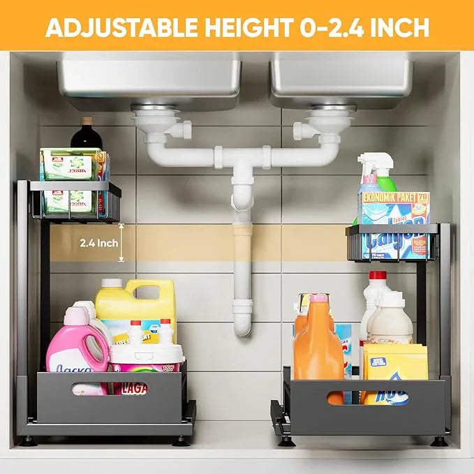 Under Sink Organizer Storage 2-Tier Premium Metal Pull-Out Racks, Height Adjustable, Heavy Dut and Easy Installation for Kitchen & Bathroom Organizers 1 Pack Black - ModernBath