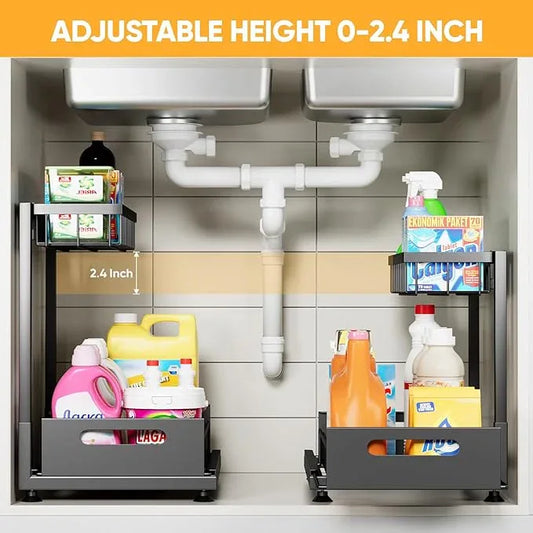 Under Sink Organizer Storage 2-Tier Premium Metal Pull-Out Racks, Height Adjustable, Heavy Dut and Easy Installation for Kitchen & Bathroom Organizers 2 Pack - ModernBath