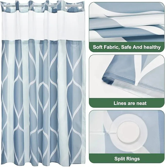 Yiatn No Hook Dark Blue Double Shower Curtain with Snap in Fabric Liner Set - Hotel Style with See Through Mesh Top Window, Modern Geometric Waterdrop Design,Waterproof and Washable, 71x74 INCH - ModernBath